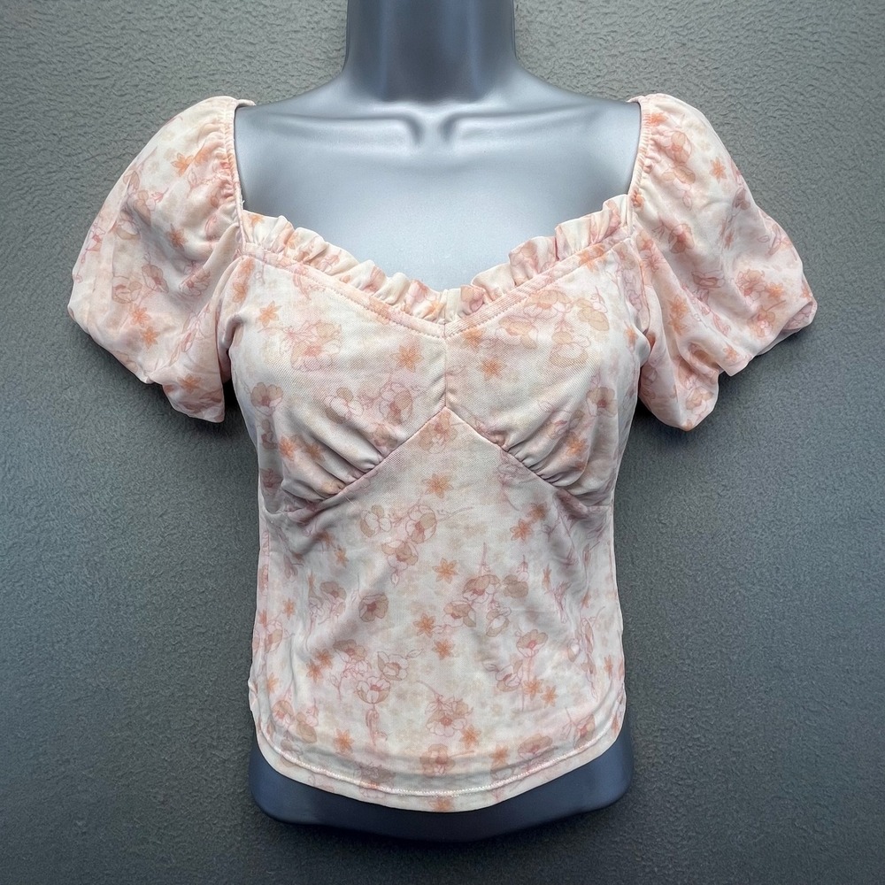 Kit + Sky Women Top Floral Mesh XS Cottagecore Puff Sleeve Sweetheart Neck